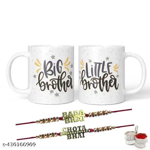 Rakhi Gift for Brother (2 Coffee Mug, 2 Rakhi, 1 Roli chawal sachet - Pack of 5)